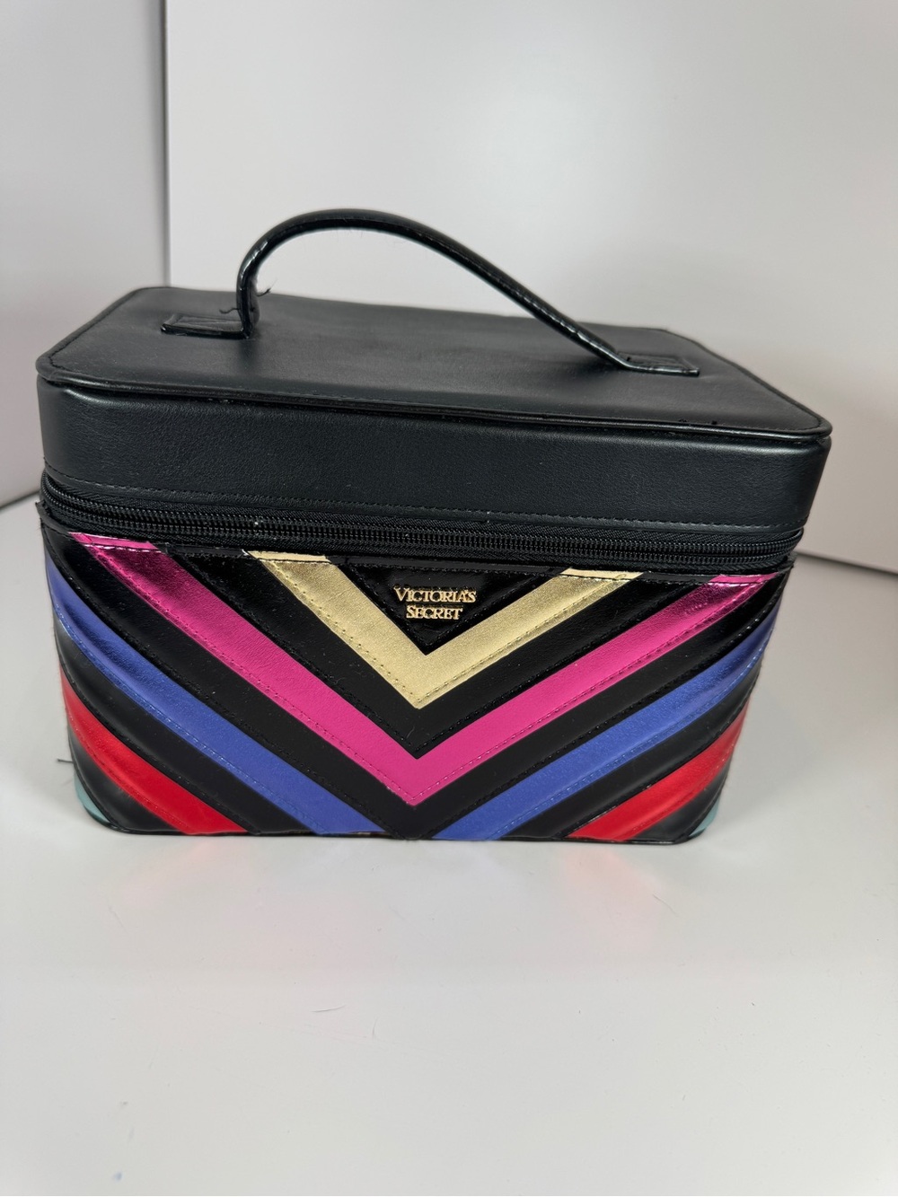 Victoria's Secret Black Train Case with Metallic Chevron Accents
